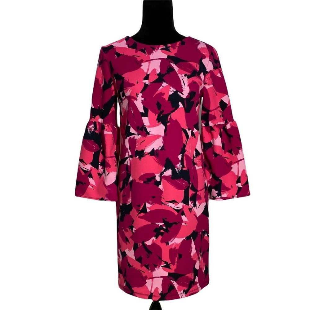 Banana Republic XS Dress‎ Pink Black Bold Paintbrush Pattern 3/4 Sl Artsy Cute